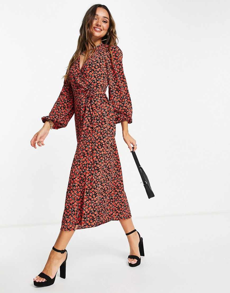 Glamorous midi wrap dress in red rose floral