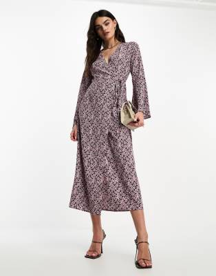 Glamorous midi wrap dress with fluted sleeves in brown purple floral