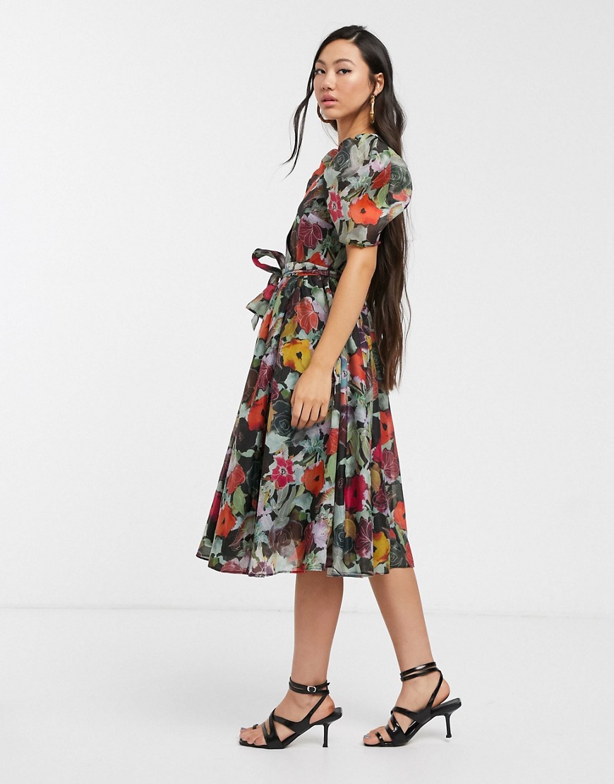 Glamorous Midi Wrap Dress With Volume Sleeves In Vintage Bloom-multi