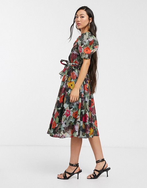 Glamorous midi wrap dress with volume sleeves in vintage bloom