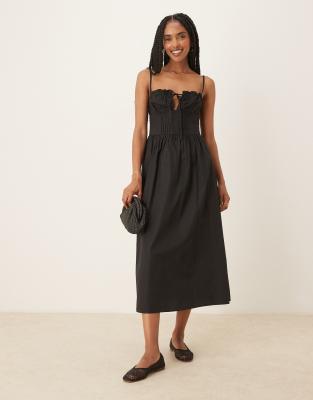 Glamorous - Midikleid aus Popeline in Schwarz mit Bindedetail am Ausschnitt