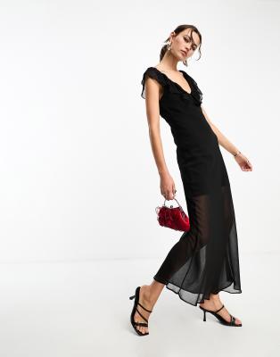 Glamorous - Midikleid in Schwarz mit V-Ausschnitt, Rüschenverzierung und durchscheinendem Overlay