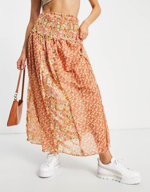 Glamorous - Midinederdel i chiffon med multifarvet blomstermønster i vintage-stil