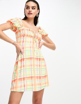 Glamorous milkmaid a line mini dress in orange lime plaid-Multi