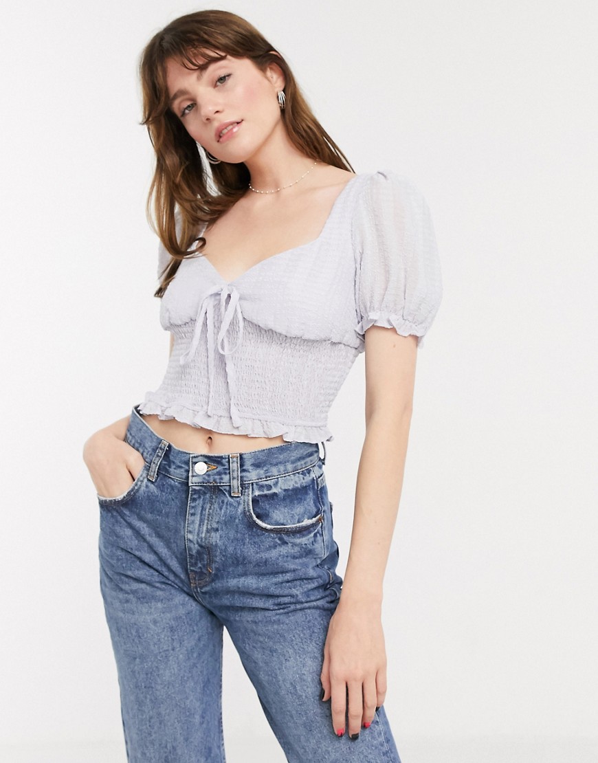 Glamorous milkmaid crop top with shirring in textured fabric-Blue