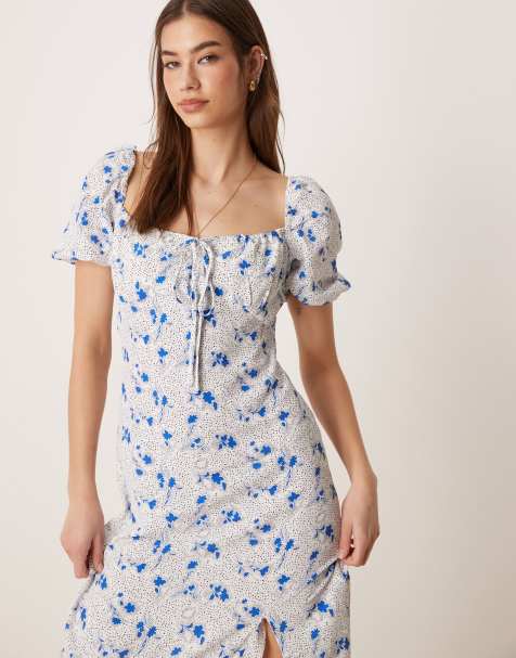 Glamorous Milkmaid midi dress in blue dot vintage floral - view 1