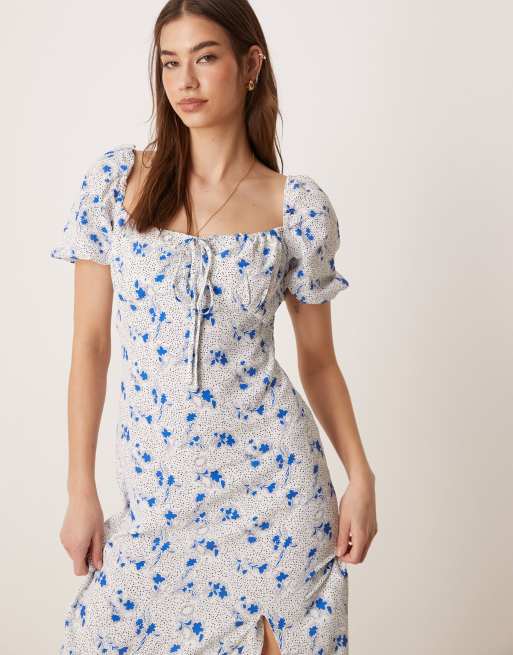 Glamorous Milkmaid midi dress in blue dot vintage floral