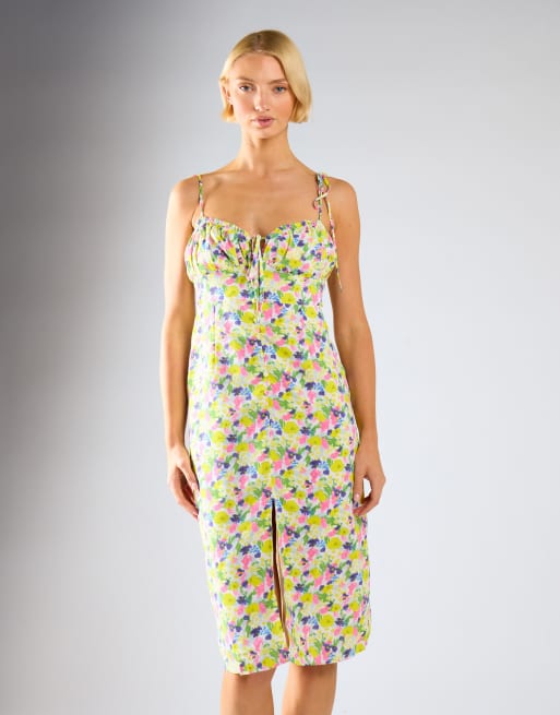 Glamorous Milkmaid midi-dress in bright watercolour floral, 2 of 4