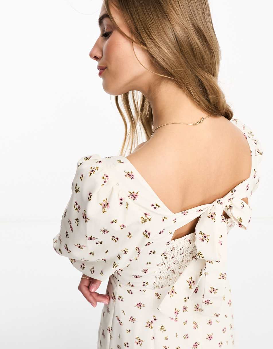 Glamorous milkmaid midi tea dress with tie back in white vintage floral 0