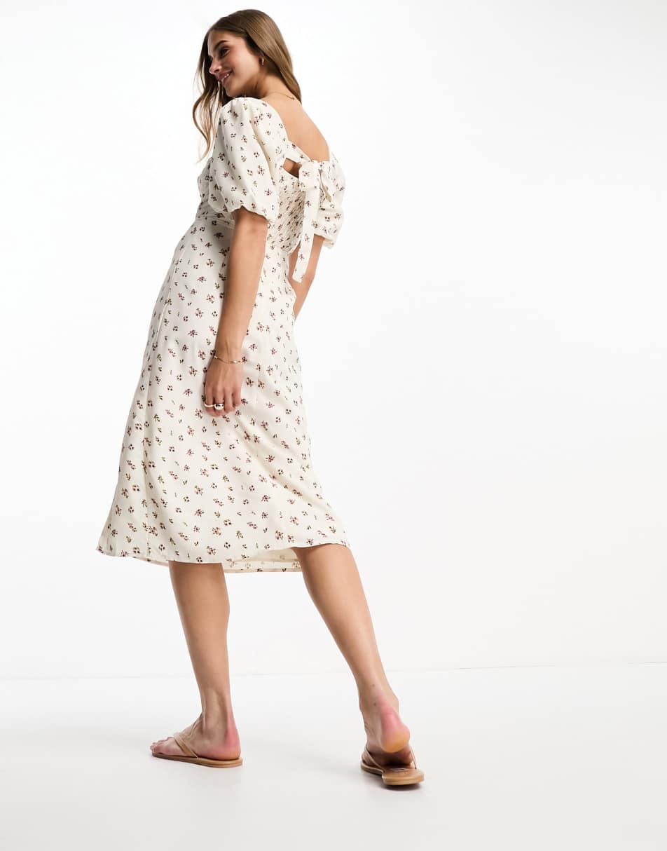 Glamorous milkmaid midi tea dress with tie back in white vintage floral 1