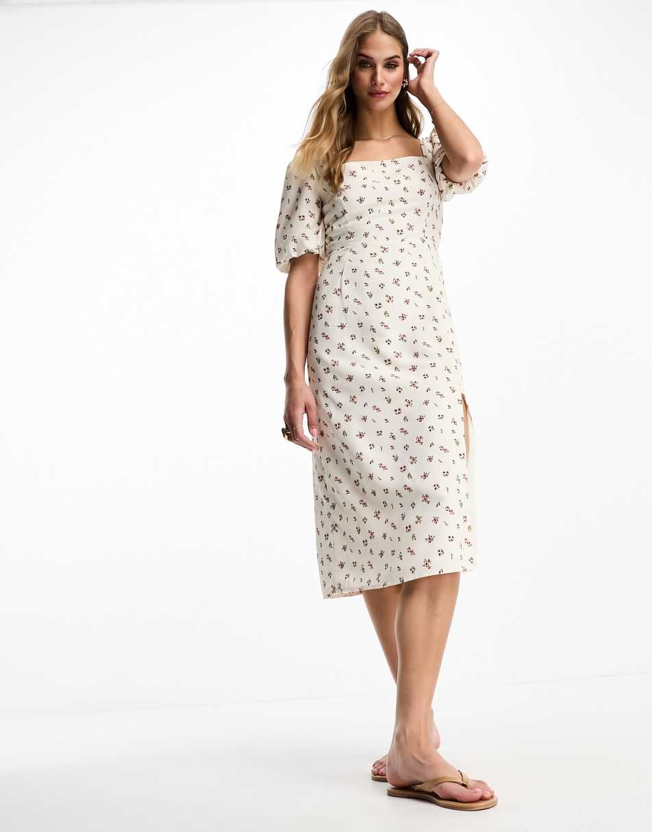 Glamorous milkmaid midi tea dress with tie back in white vintage floral 2