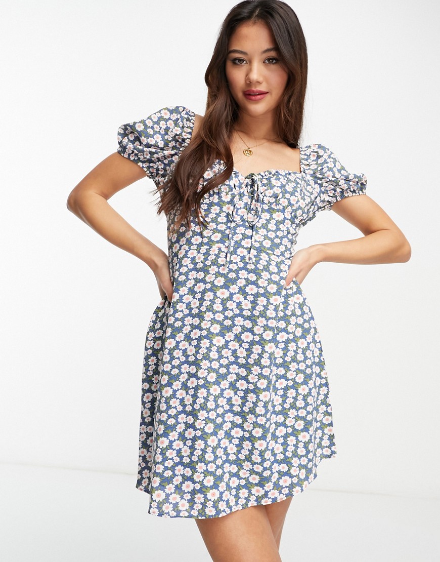 Glamorous Milkmaid Mini Tea Dress In Blue Daisy-multi