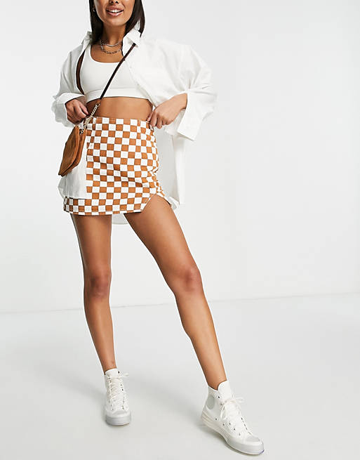 Glamorous mini a-line skirt in checkerboard denim with thigh split