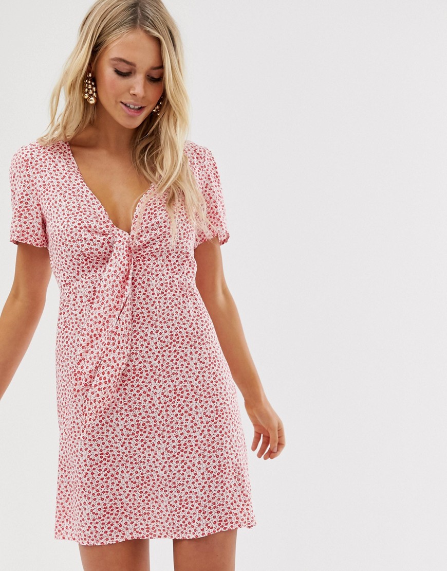 Glamorous Mini Dress With Tie Front In Ditsy Vintage Floral Print-pink