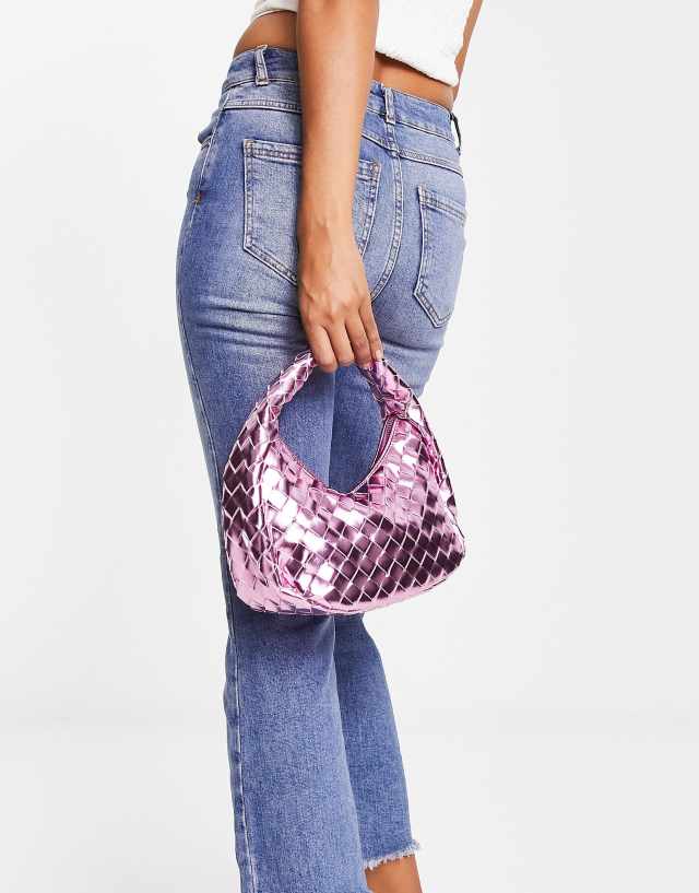 Glamorous mini grab bag in pink metallic woven PU