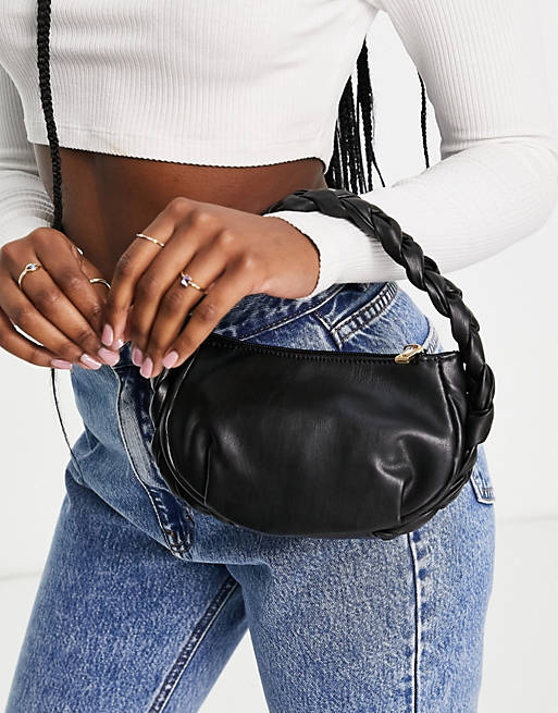 Glamorous mini grab bag with plaited strap in black 
