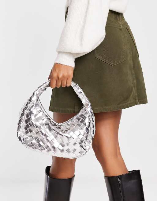 Glamorous - Mini-håndtaske i sølvfarvet metallisk og flettet PU , 4 af 4
