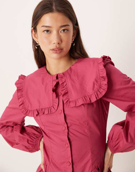 Glamorous - Mini-jurk met lange mouwen en dramatische kraag in bessenrood, 3 van 4