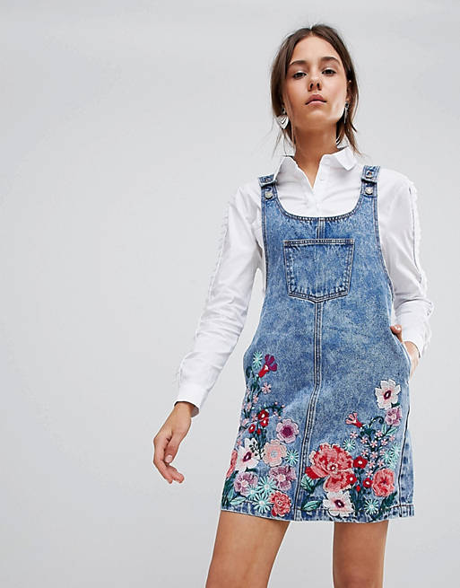 Glamorous Mini Pinafore Dress With Floral Embroidery In Denim | ASOS