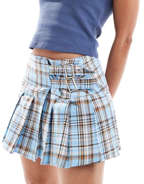 Glamorous mini pleated kilt skirt in blue tartan check - view 1