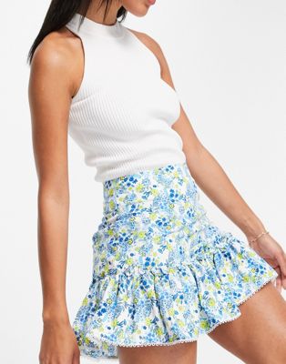 Glamorous mini shirred skirt in blue floral co-ord