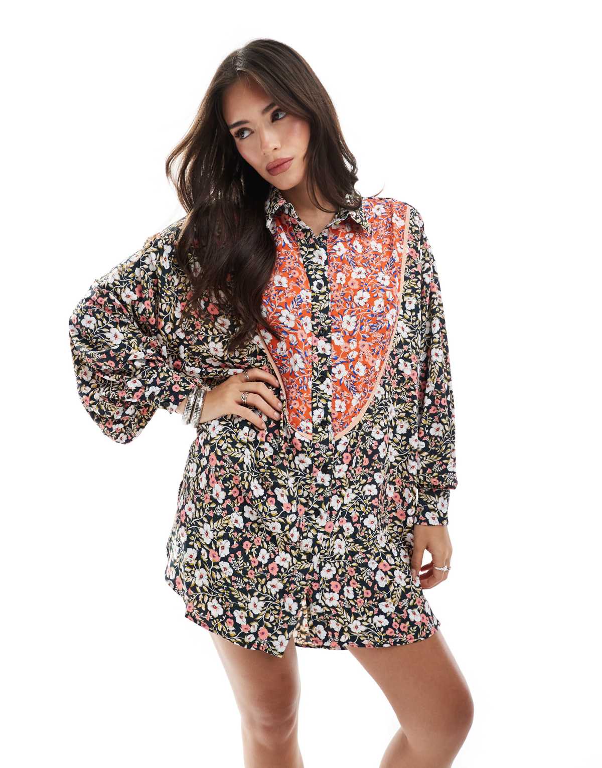 Glamorous Mini shirt dress in mixed folk floral