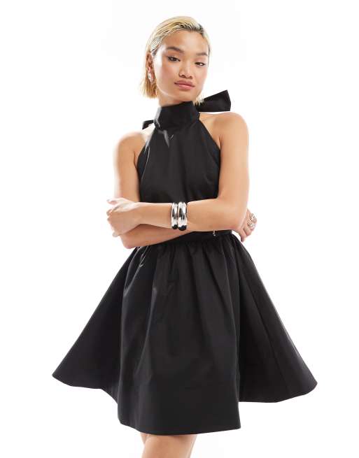 Glamorous - Mini skaterjurk met halternek met strik in zwart