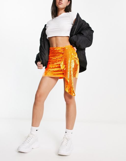 Glamorous mini skirt with tie front in bright orange sequin ASOS
