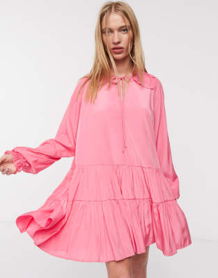 Glamorous mini smock dress with frill collar and layered skirt-Pink