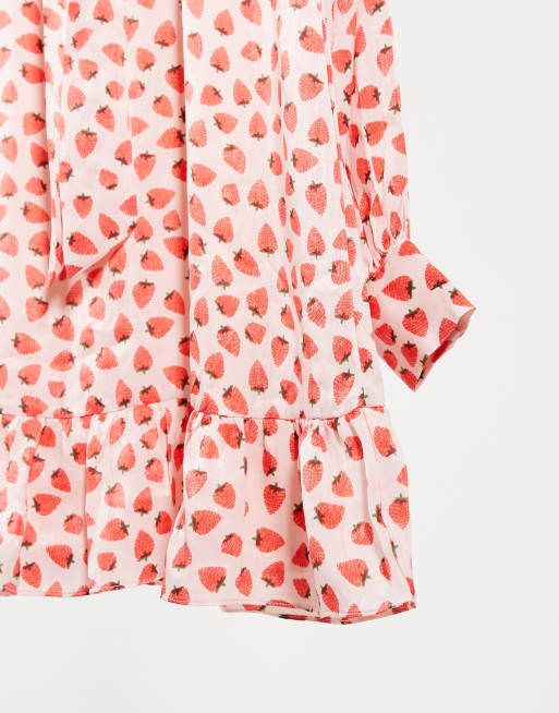 Glamorous mini smock dress with neck tie and peplum hem in strawberry print  | ASOS