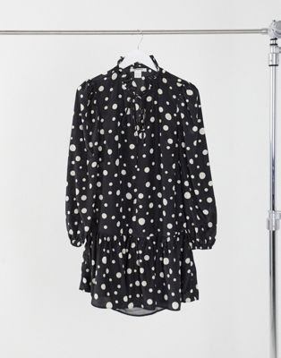 Glamorous mini smock dress with tie neck and peplum hem in spot - ASOS Price Checker