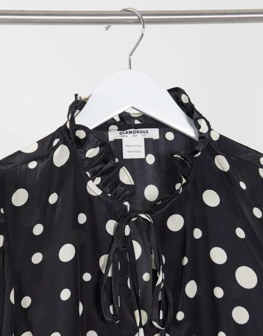 Glamorous mini smock dress with tie neck and peplum hem in spot, 2 of 4