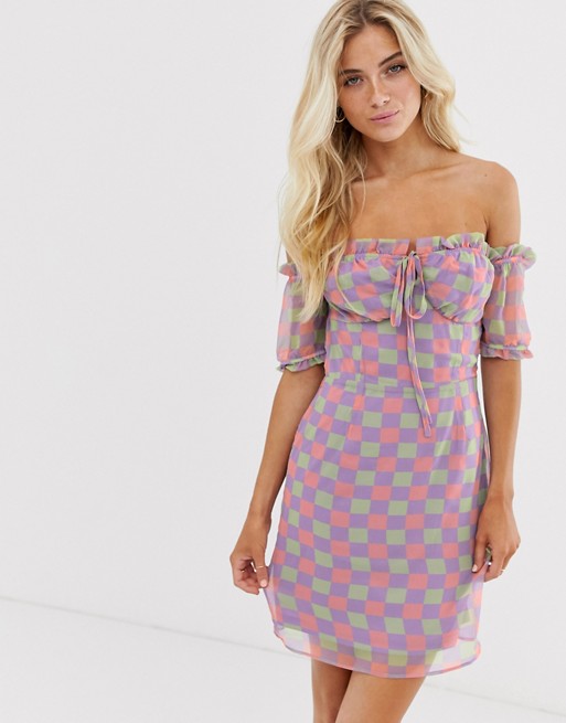 Glamorous mini tea dress in pastel check print