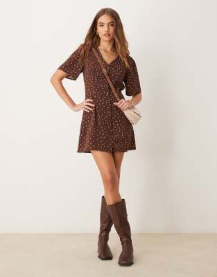 mini tea dress with tie back in brown ditsy floral