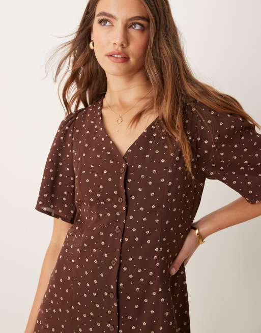 Glamorous mini tea dress with tie back in brown ditsy floral ASOS