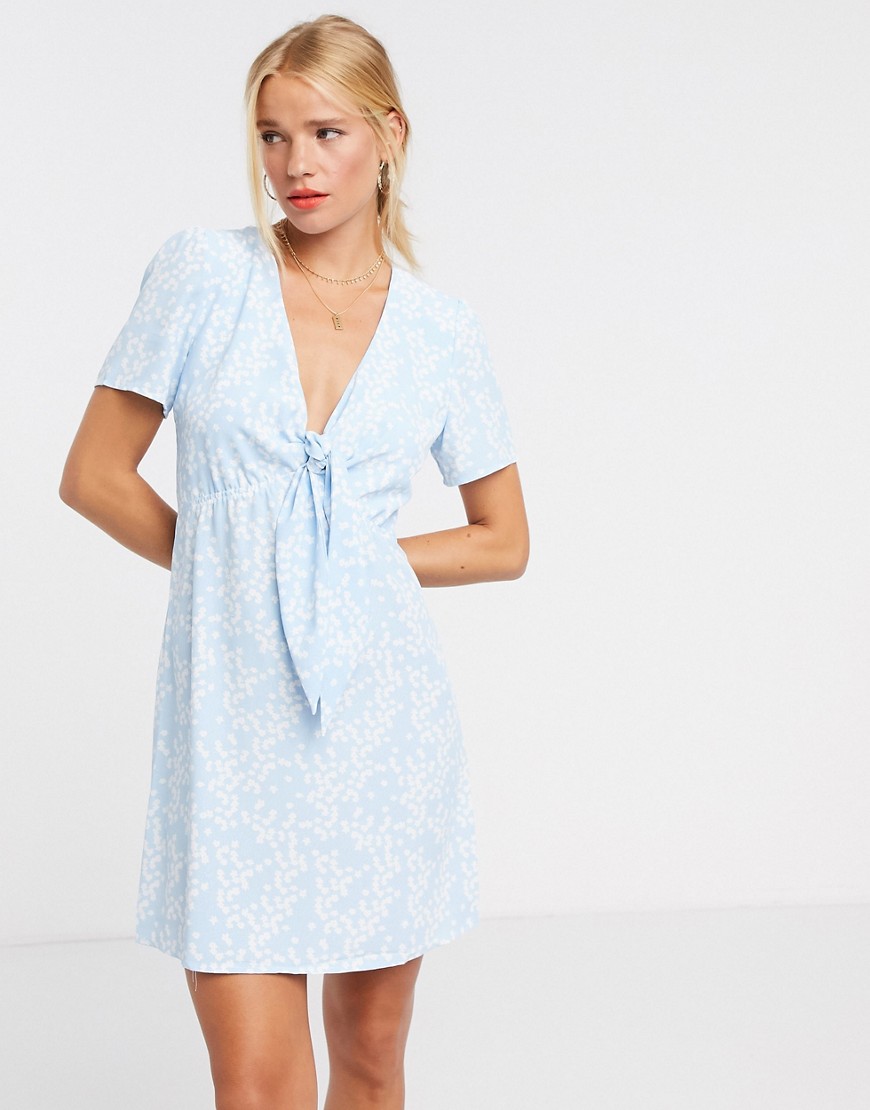 Glamorous Mini Tea Dress With Tie Front In Ditsy Floral-blue