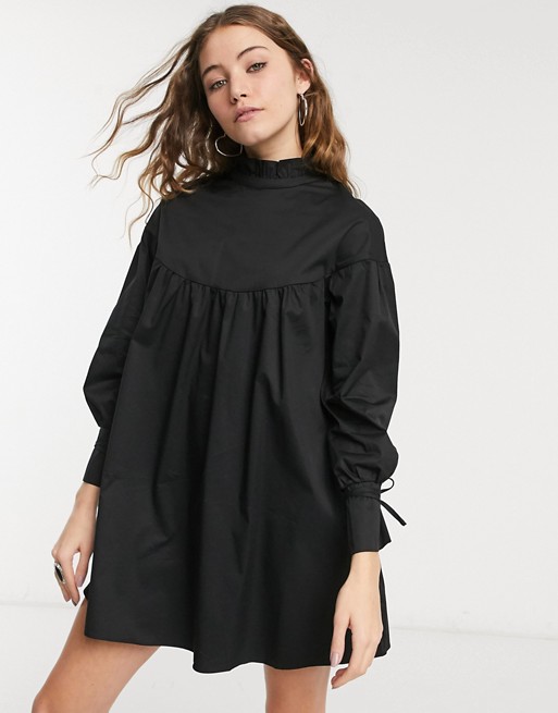 Glamorous mini tiered smock dress with neck tie in black cotton