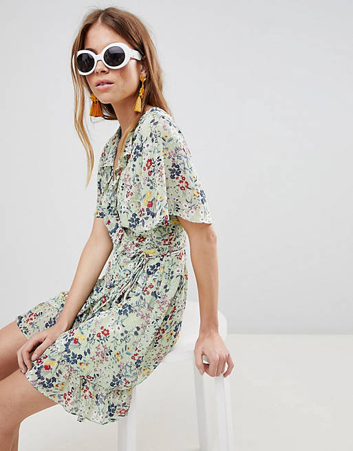 Glamorous Mini Wrap Dress With Ruffle Hem And Tie Waist In Ditsy Floral