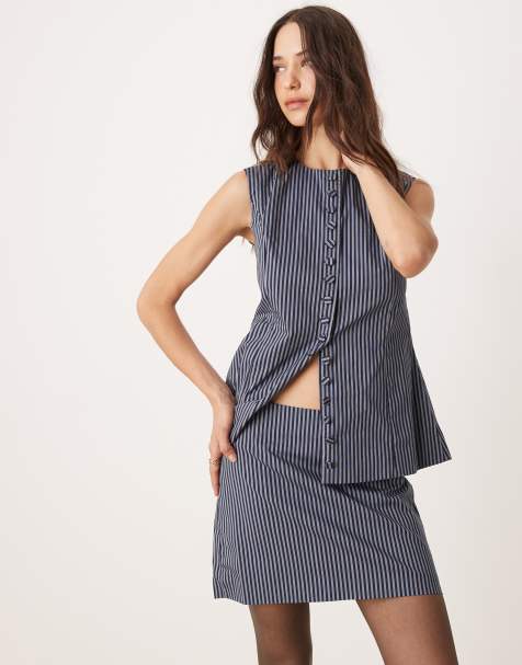 Glamorous - Minigonna a vita bassa blu navy scuro a righe in coordinato - view 1