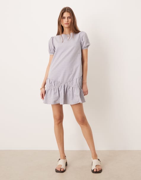 Glamorous – Minikleid zum Hineinschlüpfen in Blau kariert mit tiefer Taille und Puffärmeln - view 1
