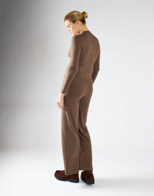 Glamorous Minimal high waist knit trousers in brown rib, 2 of 4