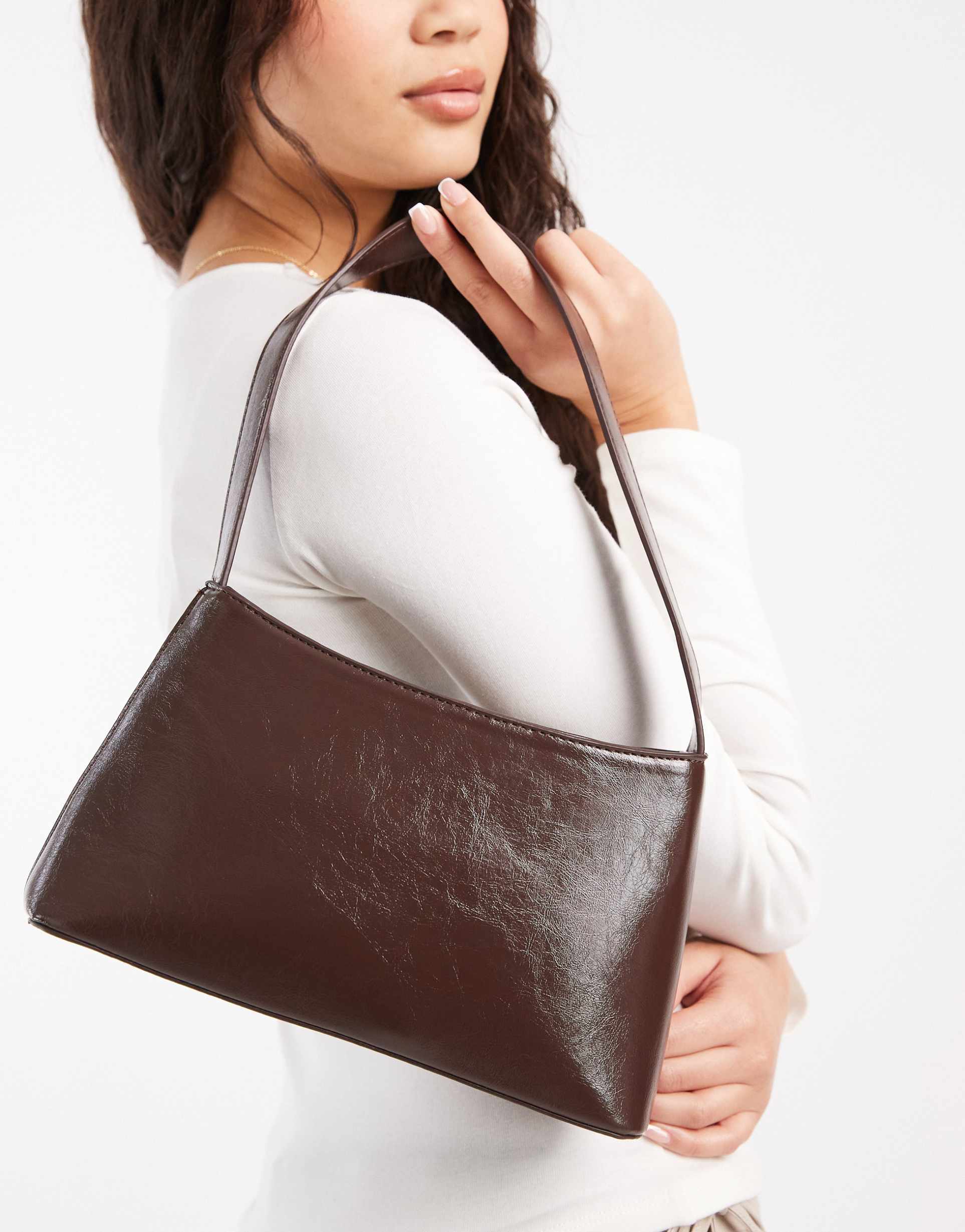 glamorous minimalist patent shoulder bag in dark brown