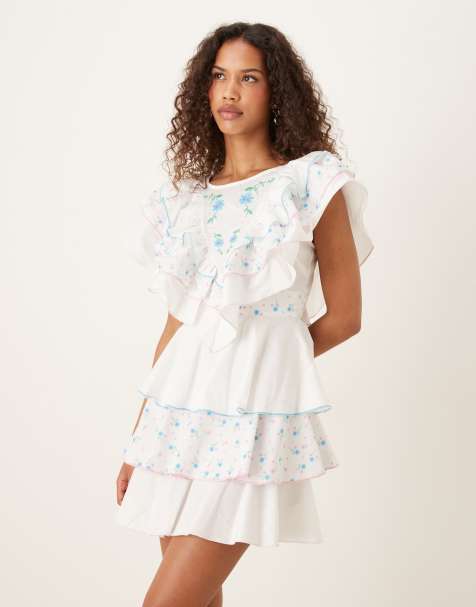 Glamorous Mix tiered frill mini dress in white blue pink ditsy mix