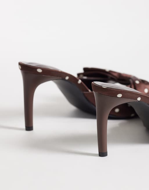 Glamorous mule sandals with bow in brown polka dot satin, 4 of 4