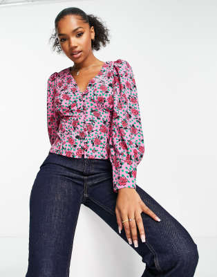 Glamorous Multi Rose Print Button Through Blouse In Pink