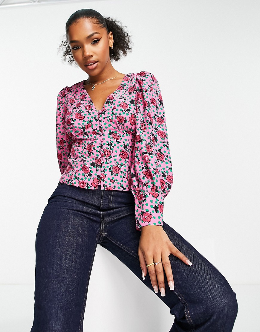 Glamorous multi rose print button through blouse in pink