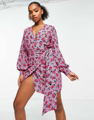 Glamorous Multi Rose Print Wrap Mini Dress In Pink