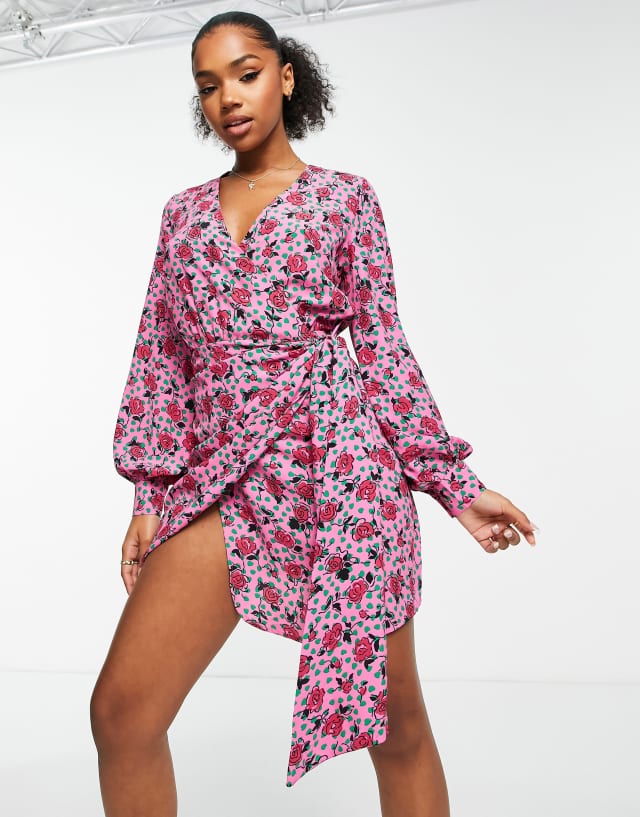 Glamorous - multi rose print wrap mini dress in pink