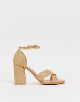 Glamorous natural straw block heeled 