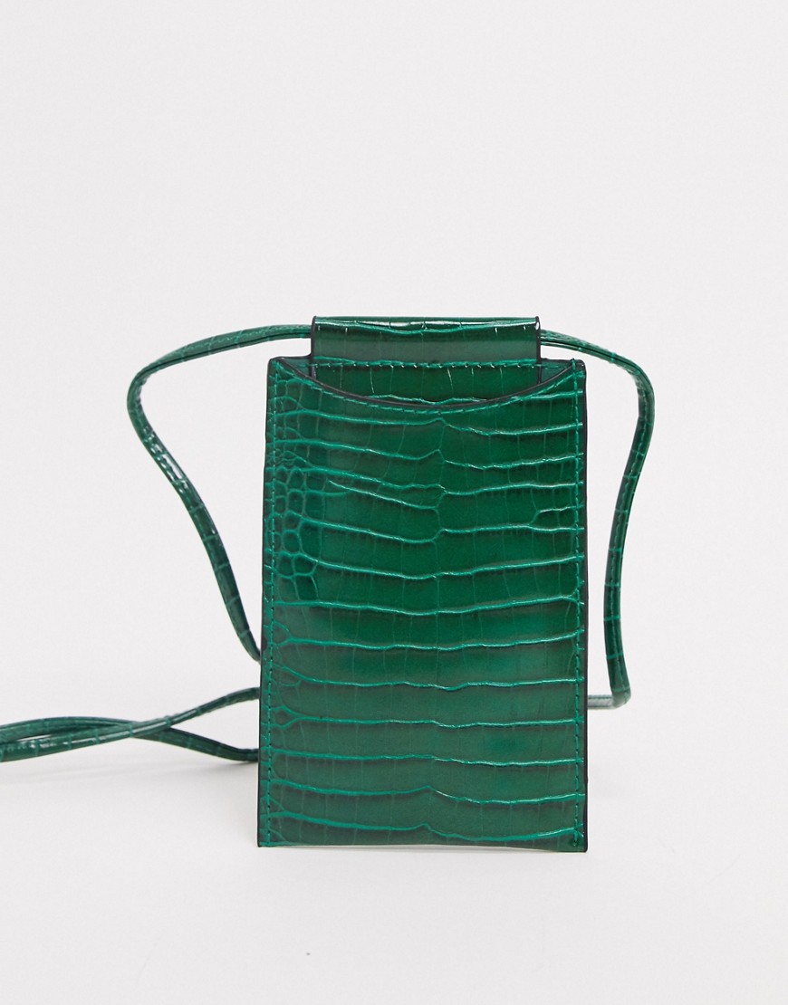 Glamorous Neck Pouch Phone Holder In Green Croc